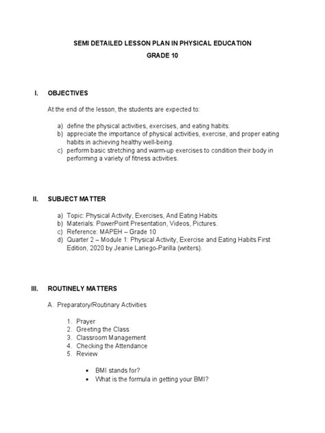 Semi Detailed Lesson Plan In Physical Education Grade 10 Pdf Teachers Physical Fitness