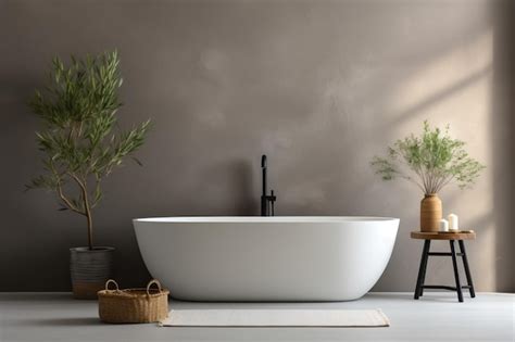 Premium Photo | Bathroom interior with a bathtub plants and a stool