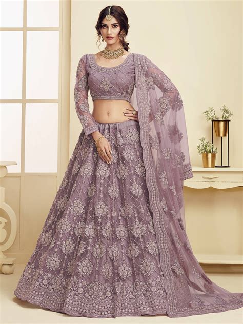 Buy Lilac Coding Embroidery Net Bridal Wear Lehenga Choli Online From