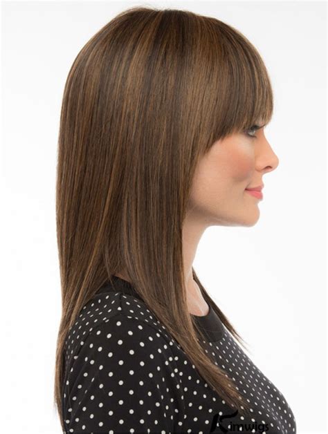 16 Inch Remy Human Long Straight With Bangs Monofilament Wig Human