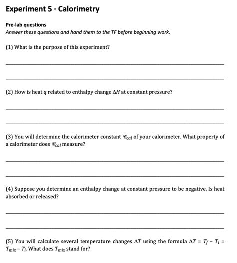 Solved Experiment Calorimetry Pre Lab Questions Answer Chegg