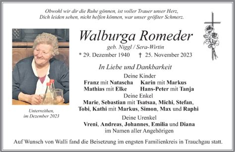 Traueranzeigen Von Walburga Romeder Augsburger Allgemeine Zeitung