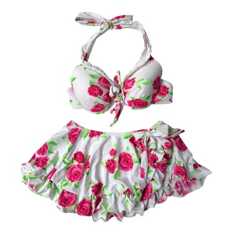 Coquette White And Pink Floral Japanese 3 Piece Bikini Set Flutter Vintage