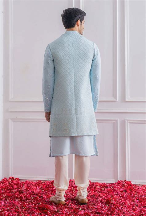 Powder Blue Nehru Jacket With Kurta And Churidaar Fashion Aza