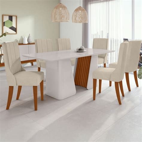 Mesa De Jantar 6 Lugares Luxor Celina Vidro Off White Frassino Off