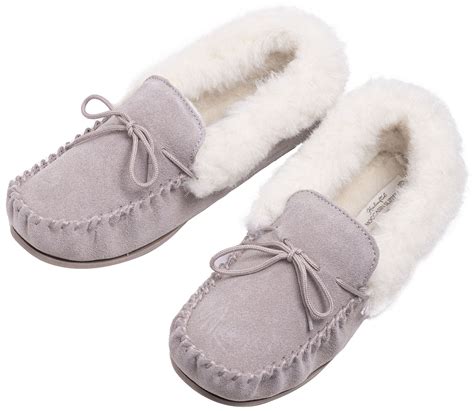 Ladies Sheepskin Moccasin Slippers Real Suede Wool Lining Hard Rubber Sole Ebay