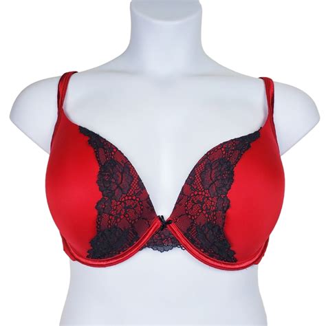 Cacique Womens Red Black Lace Smooth Boost Plunge Bra Gem