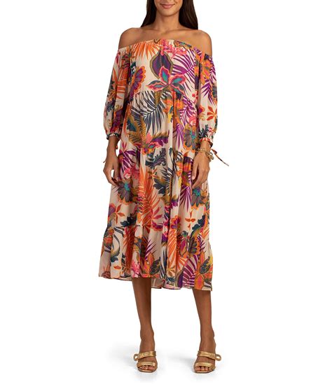 Trina Turk Cattleya Georgette Tropical Print Off The Shoulder 34