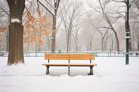 Snow Covered Park Bench Flanked By Trees Stock Image Image Of