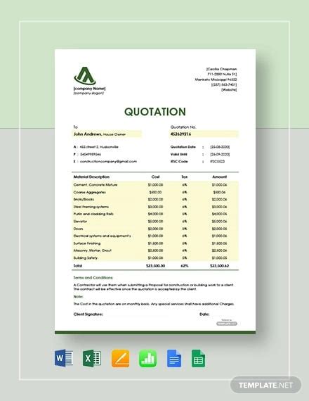 Free Construction Quotation Templates Ai Psd Google Docs