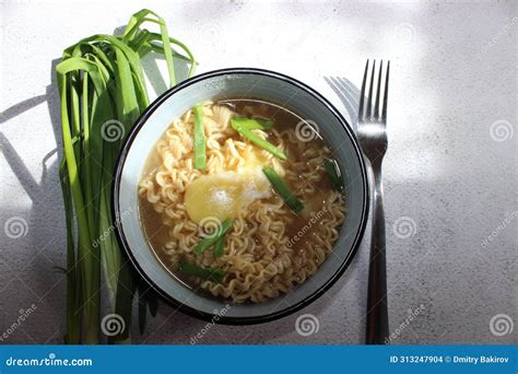 Boiled Instant Noodles With Egg And Onion Fast Food Modern Food