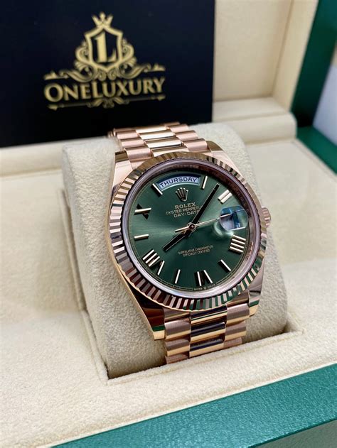 Rolex Day Date Rose Gold Olive Green Roman Dial Mm Oneluxury