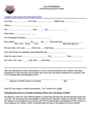 Fillable Online Transfer Form Colorado Swimming Fax Email Print