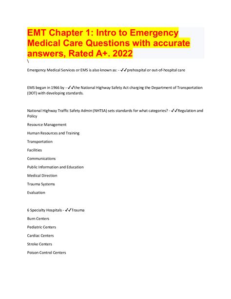 Emt Chapter 1 Intro To Emergency Medical Care Questions With Accurate