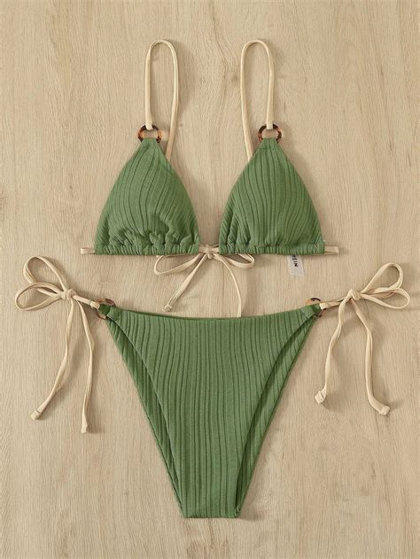 Sexy Bikini Set Cute Green Plain Ring Linked Spaghetti Strap Etsy