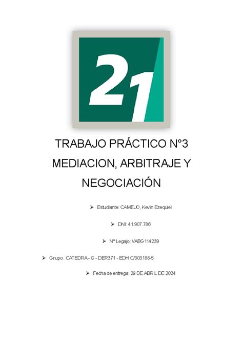 TP3 Mediacion Arbitraje Y Negociación TRABAJO PRÁCTICO N MEDIACION