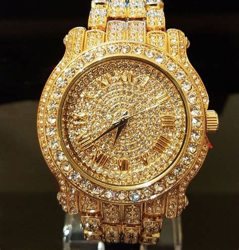 Men Hip Hop Iced Out Gold Tone Bling Simulated Diamond Rapper Watch