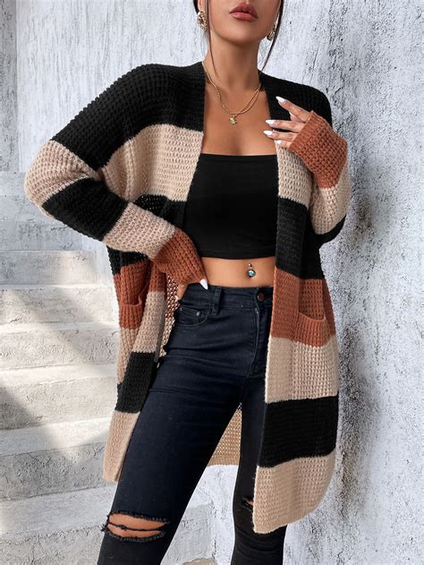 Emery Rose Color Block Dual Pocket Drop Shoulder Duster Cardigan Long