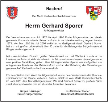 Traueranzeigen Von Gerhard Sporer Nordbayerischer Kurier