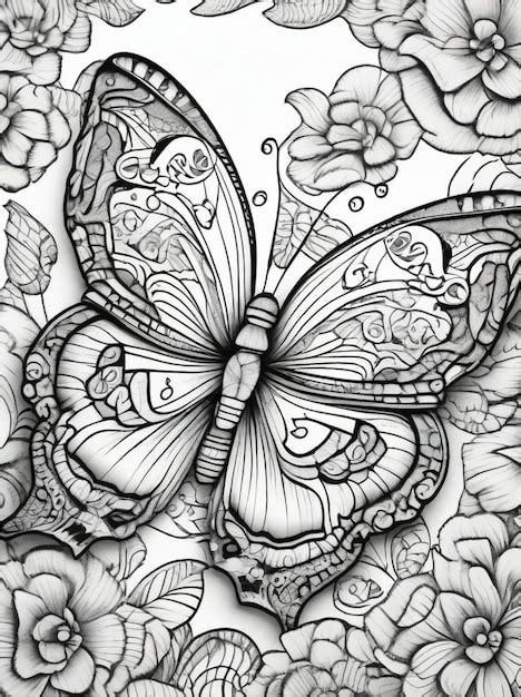 Premium Ai Image Coloring Page For Adults Floral Butterflies