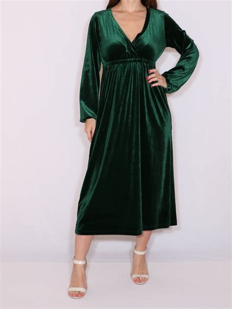 Green Velvet Dress Midi Dress Etsy