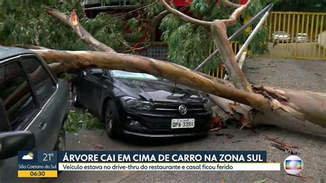 Árvore de grande porte cai sobre carro e restaurante durante chuva em