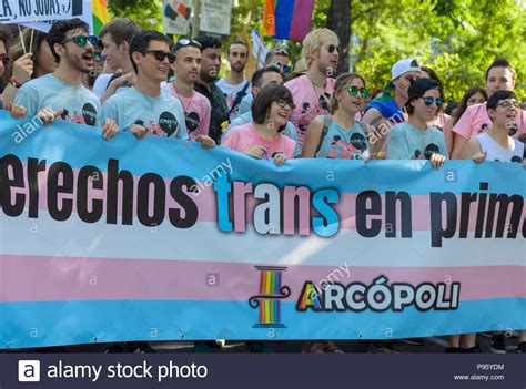 Madrid Spain Th July Gay Pride Parade With Participants And Banner In Paseo Del Prado