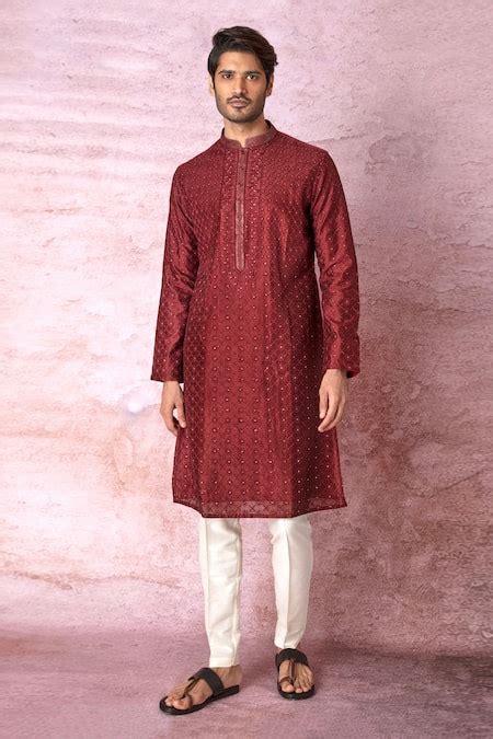 Buy Maroon Chanderi Silk Embroidered Lurex And Resham Floral Jaal Kurta