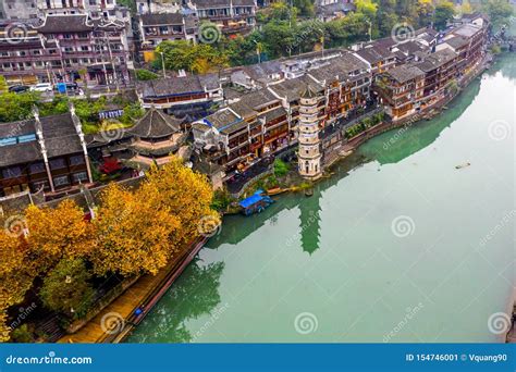 Beautiful Aerial Angle Of Fenghuang Ancient Town Beside TuoJiang River