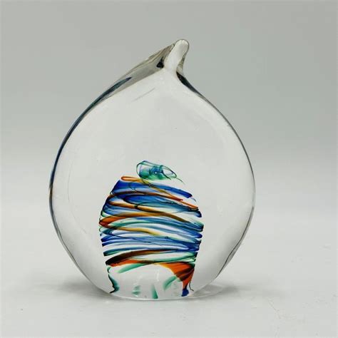 Vintage Swirled Studio Signed Art Glass Teardrop Paperweight On EBid