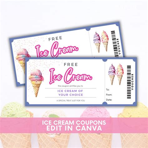 Printable Ice Cream Coupons, Ice Cream Voucher, Ice Cream Birthday, Ice ...