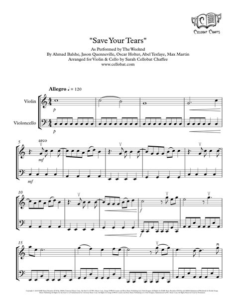 Save Your Tears Arr Sarah Cellobat Chaffee By The Weeknd Sheet Music