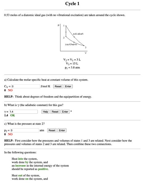 Solved Cycle 1 0 53 Moles Of A Diatomic Ideal Gas With No Chegg