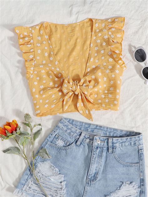 Yellow Boho Cap Sleeve Polyester Ditsy Floral Non Stretch Summer Women