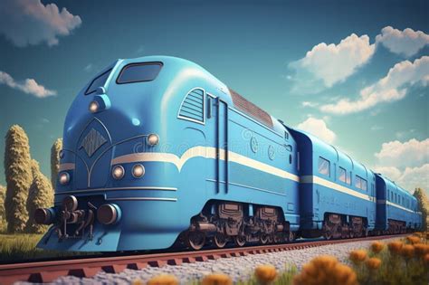 Cartoon Illustration, of Blue Train with Railway Carriages, Ai Generative Stock Illustration ...