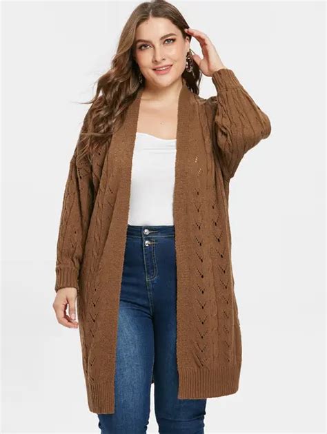 Plus Size Openwork Longline Cardigan 2018 Women Autumn Winter Sweaters Long Sleeve Collarless