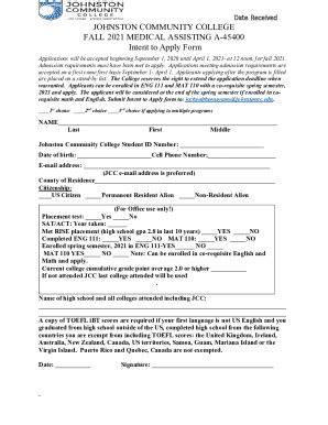 Fillable Online Intent To Apply Form Medical Assisting Johnstoncc