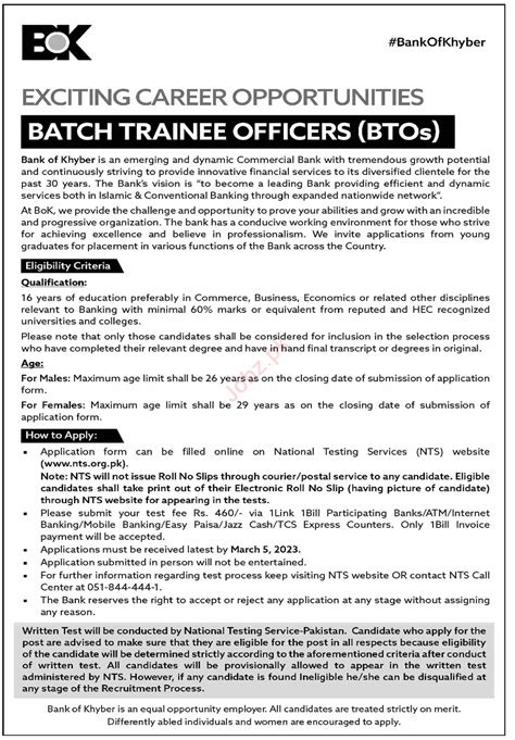 Trainee Positions At The Bank Of Khyber BOK Via NTS 2024 Job