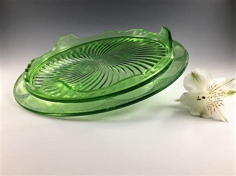 Vintage Green Depression Glass Footed Cake Plate Swirl Pattern