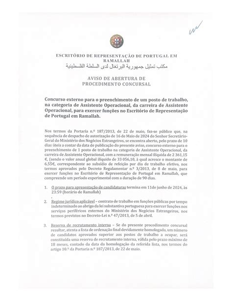 Aviso De Abertura De Procedimento Concursal Assistente Operacional