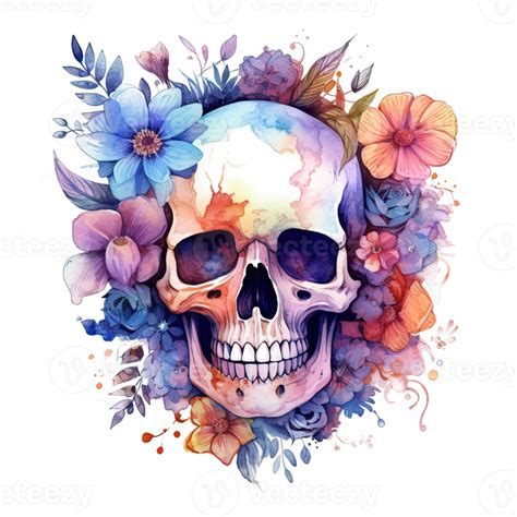 Watercolor Skull With Flowers Illustration 23932125 PNG