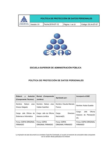 POLÍTICA DE PROTECCIÓN DE DATOS PERSONALES ESCUELA