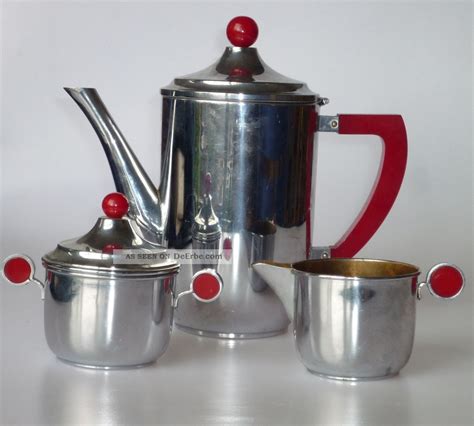 Art Deco Kaffee Tee Kern Rote Griffe Verchromt Kanne Milch Zucker Gemarkt