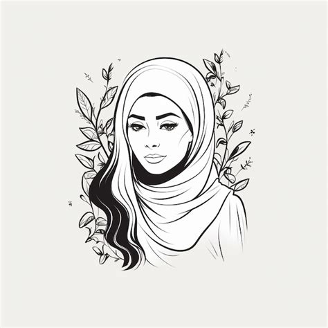 Muslim Hijabi Women With Leaf Handdrawn Line Art Illustration Logo For