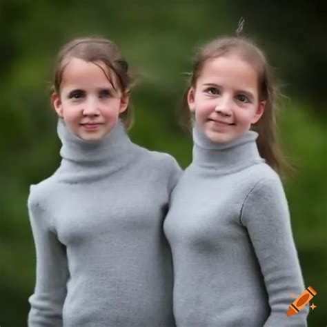 Adorable 12 Year Old Twins In Turtlenecks Playfully Swinging Arm In Arm