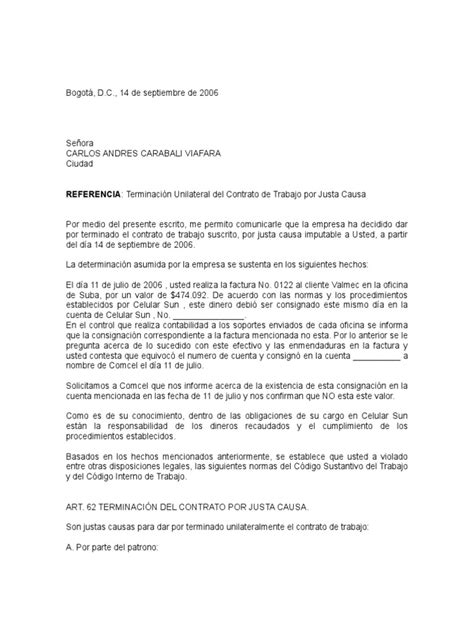 Carta Despido Por Justa Causa Gobierno Política