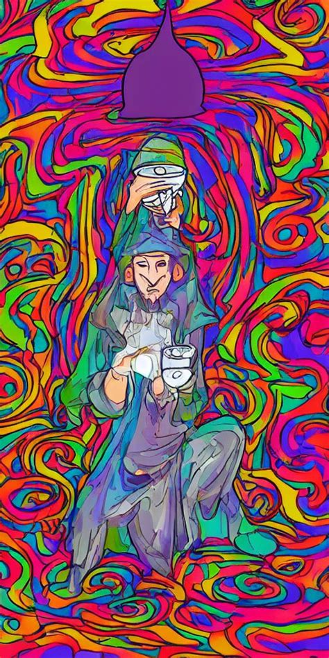 A Mystical Man With A Goblet On The Table Wizard Hat Psychedel