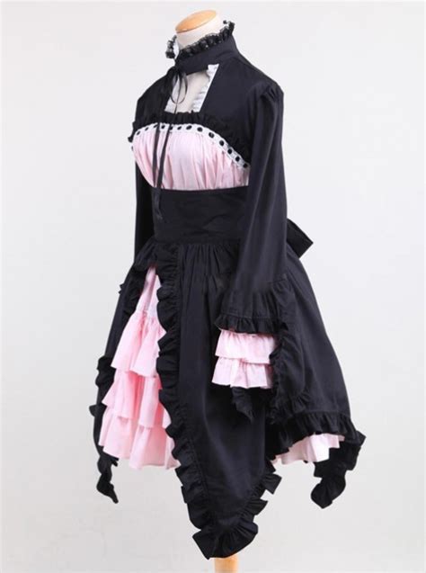 Cotton Black And Pink Sweet Lolita Long Sleeve Maid Dress