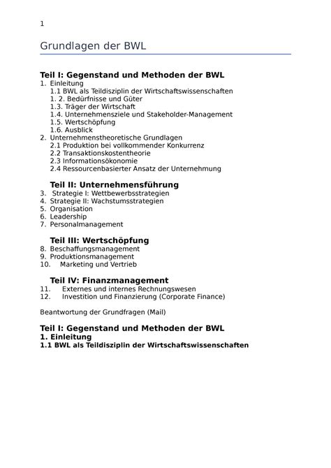 Grundlagen Der BWL 2021 Grundlagen Der BWL Teil I Gegenstand Und