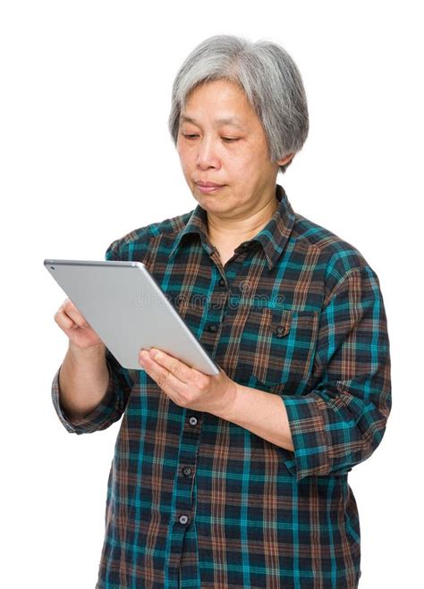 Elderly Woman Use Of Tablet Stock Photo Image Of Gray Girl